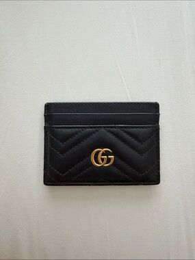 Gucci Black Quilted Card Holder with Gold Double G Logo